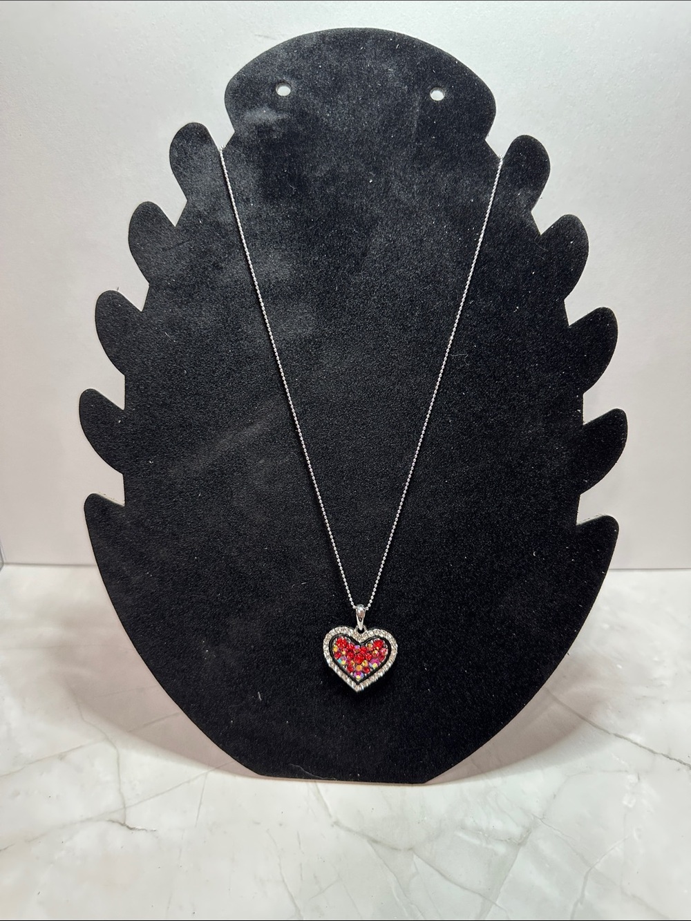 Silver Heart Pendant Necklace with Red Crystal Center